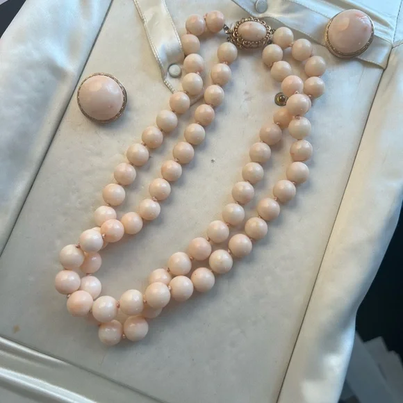 18k gold Vintage Angel Skin Coral Necklace and matching Earrings. Final price. - Picture 6 of 8